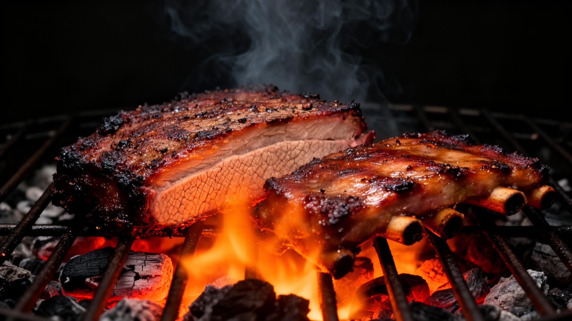 Smoked brisket and ribs over open flame